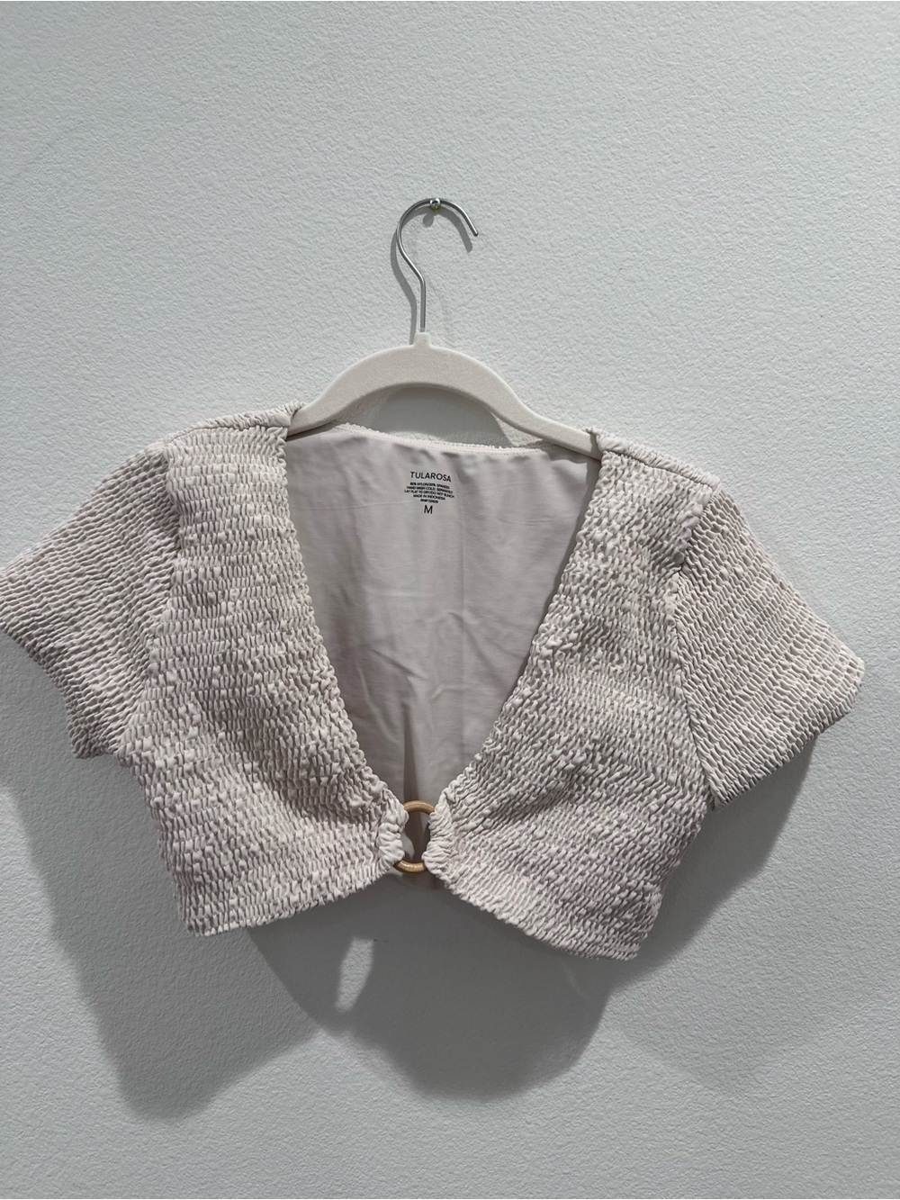 Tularosa Cream Smocked Short Sleeve Bikini Top with Ring Accent
